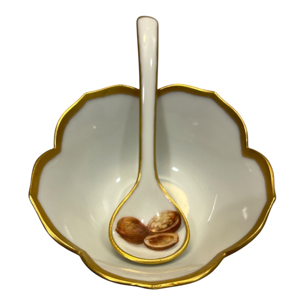 Vtg Hand Painted Porcelain Nut Bowl and Spoon Set Gold‎ Trim Signed LCW 1973-74